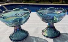 VTG 2 Indiana Carnival Glass Candlestick Holders Blue Iridescent Harvest Grape