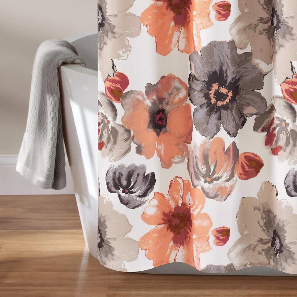 郁郁葱葱的装饰,珊瑚色/灰色利亚浴帘-浴室花卉花卉大花 — 第 4/4 张图片