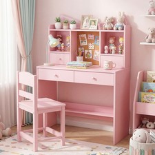 Kids Study Desk and Chair Set Student Writing Table with Chair Open Pink