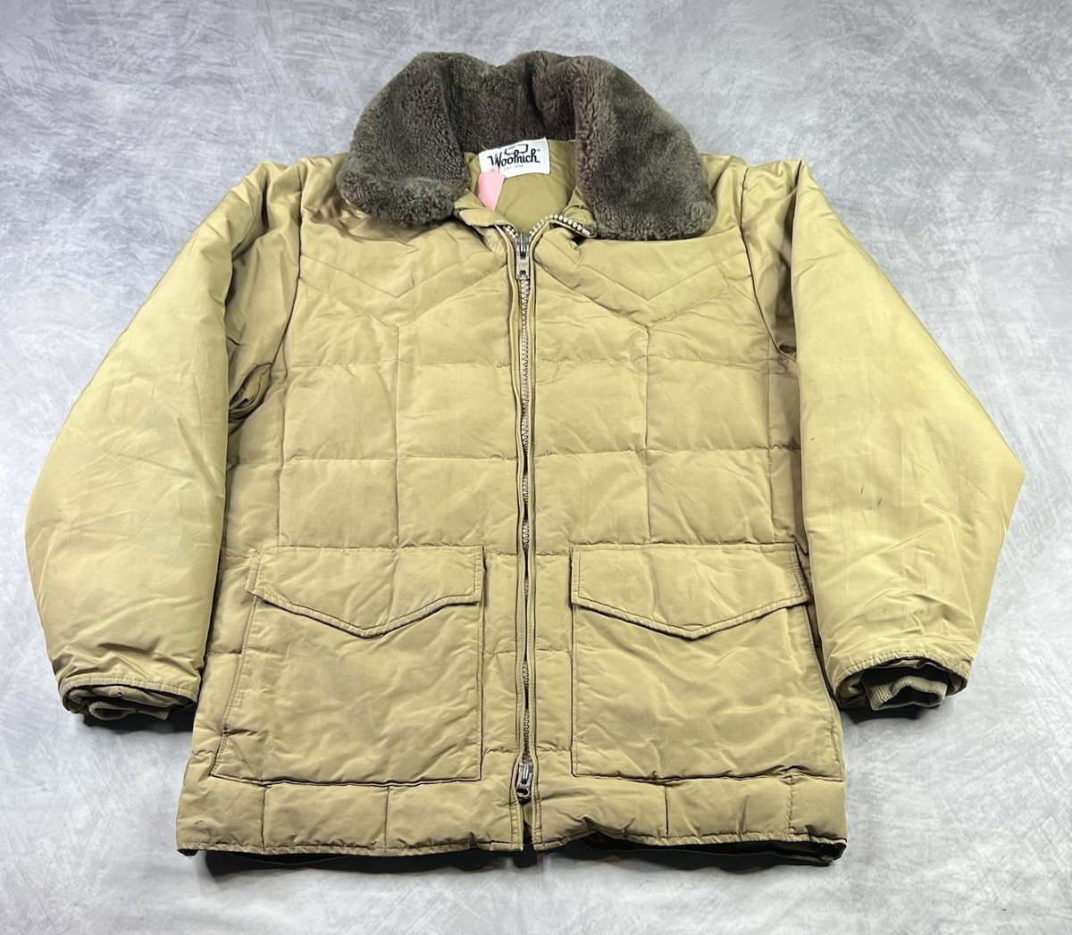Vintage Woolrich Jacket Mens XL Brown Puffer Coat Goose Down Fur 