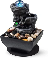 Indoor Tabletop Fountain Layered Rock Waterfall LED Rolling Balls Zen Decor