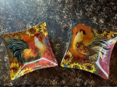 Prima Designs 5  Square Glass Bowls Roosters And Sunflowers, Set Of Two