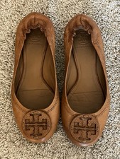Tory Burch Women's Tan Reva Leather Logo Ballet Flats Balletcore Size 8