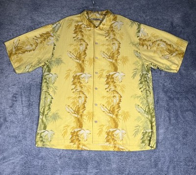 Tommy Bahama SS Button Up Shirt Men's L Yellow w/ Leaves 100% Silk Button Loop