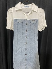 USED PRADA DENIM AND CHIFFON SHORT-SLEEVED SHIRT DRESS ACCEPTABLE
