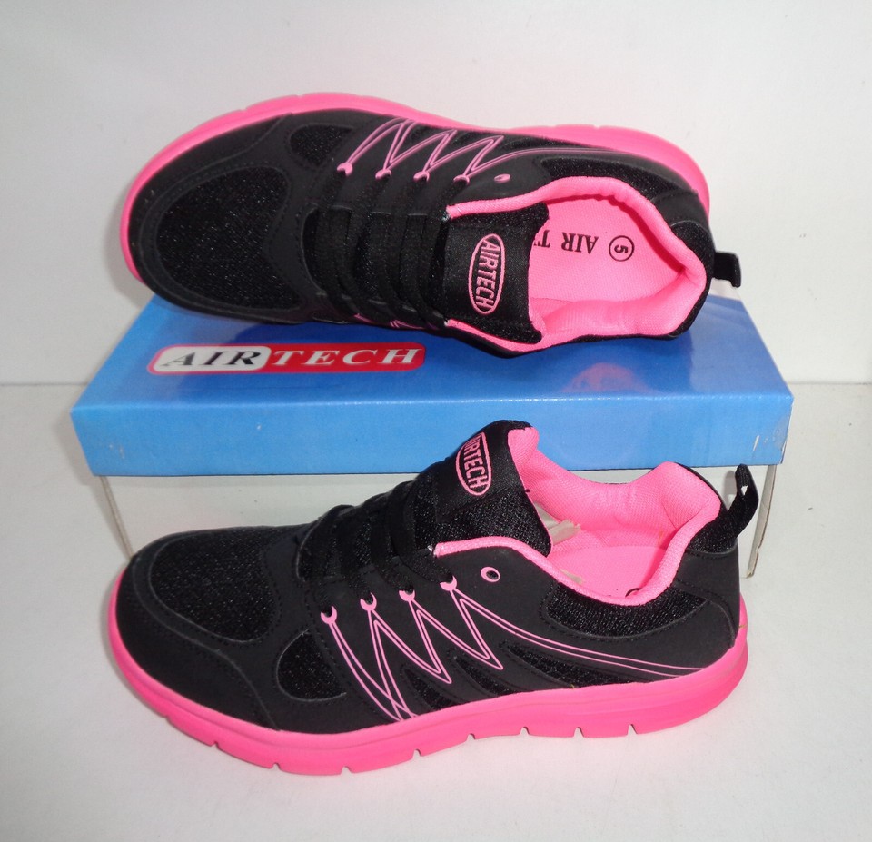 Ladies Trainers New Casual Black Pink Womens Lace Up Sports Gym Shoes