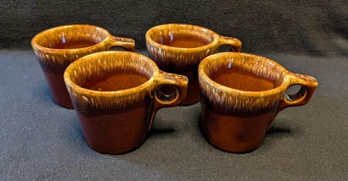 Mid Century Vintage Hull Pottery Oven Proof 102 Brown Drip O Handle Mug Set of 4