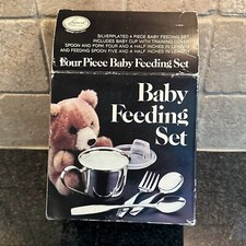Vtg Leonard Stal nierdzewna Baby Maluch Srebrny Zestaw do karmienia Kubek Flatware Box lata 80.