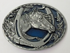 Western Horse  Horseshoe Silvertone  Blue Enamel Belt Buckle