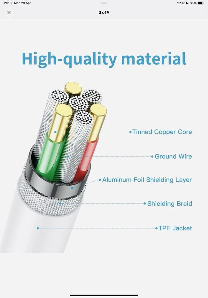 USB C Cable Fast Charger Lead for Type C Ipad iPhone 15 series Macbook 65W, 1 M - Image 3 of 4
