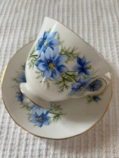 Queen Anne Bone China Tea Cup & Saucer Blue Flowers Gold Trim England