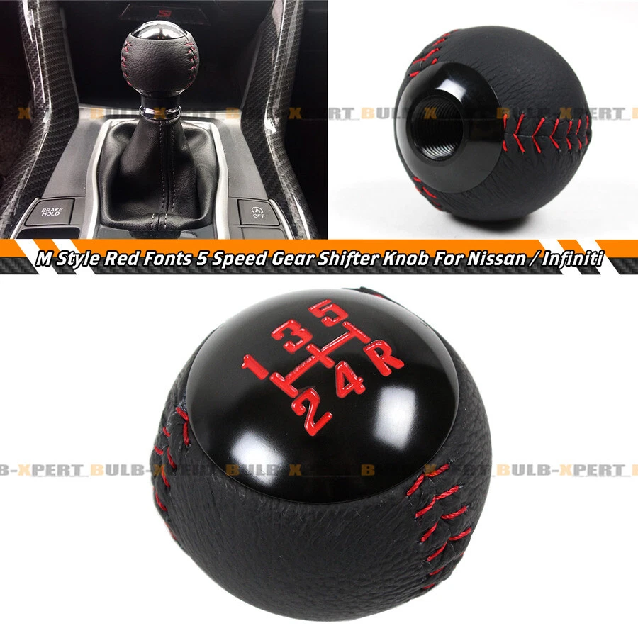 For Nissan Infiniti Red Stitching Leather 5 Speed Round Manual Gear Shifter Knob - Image 2 of 4