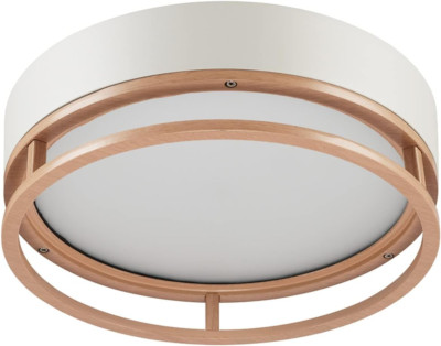 18.5W LED Flush Mount Ceiling Light, Matte White with Wood Accent, Indoor/Outdoo