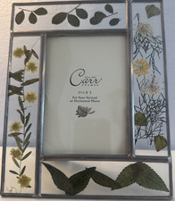 Vintage Pressed Dried Flowers  Leaves Lead  Glass Picture Frame 3x5  Opening