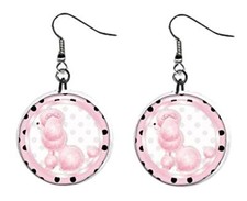 Pink Poodle w Polka Dots Button Earrings Jewelry 1" Dangle MADE IN USA