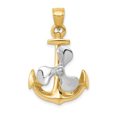 10k Two Tone Gold 3D Anchor with Moveable Propeller Charm Pendant