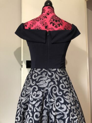 Review 8 Dress Fit Flare Navy Contrast Mesh Silver Print Collared Boat Neckline - Picture 9 of 16