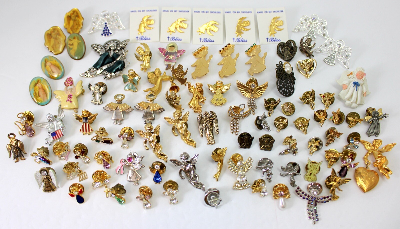 Mixed Large Lot Vintage to Now Religious Angel Brooches & Lapel Pins