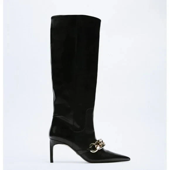 NUEVO CON ETIQUETAS Botas hasta la rodilla Zara Talla 6 Cuero Tacón Negro con Detalle de Cadena 1001/810 Foto 2 de 3