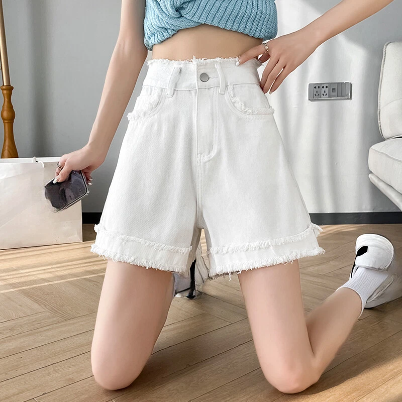 Women Thin Denim Shorts Mini Jeans Distressed Raw Edge High Waist Casual Summer - Image 4 of 4