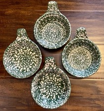 4 Piece Gerald E. Henn Green Spongeware Stoneware Handled Bowls Roseville Ohio