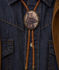 Opossum Playing Fiddle Bolo Tie Vintage Western Leather Cowboy Necktie