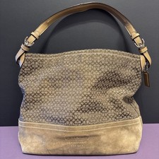 Coach Signature C Jacquard Suede Hobo Tan Brown/Khaki Leather Purse Shoulder Bag