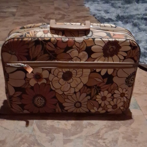 3 piece 1970s Vintage Floral CanvasSoft SuitcaseBeige Orange yellow Compartments