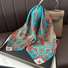 Paisley Print 100 Mulberry Silk Shawl Scarf Necktie Kerchief 26" Turquoise
