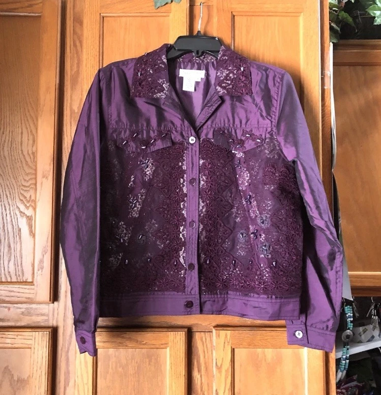 Coldwater Creek Boho Plum Silk Blend Lace Embroidered Beaded Jacket Medium Chic - Image 2 of 4