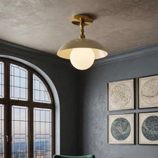 Mid-Century Modern Brass Semi-Flush Mount Ceiling Light with Opal Glass Dome