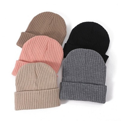 Women's Solid-Color Vertical-Striped Turn-Up Knit for für beanie