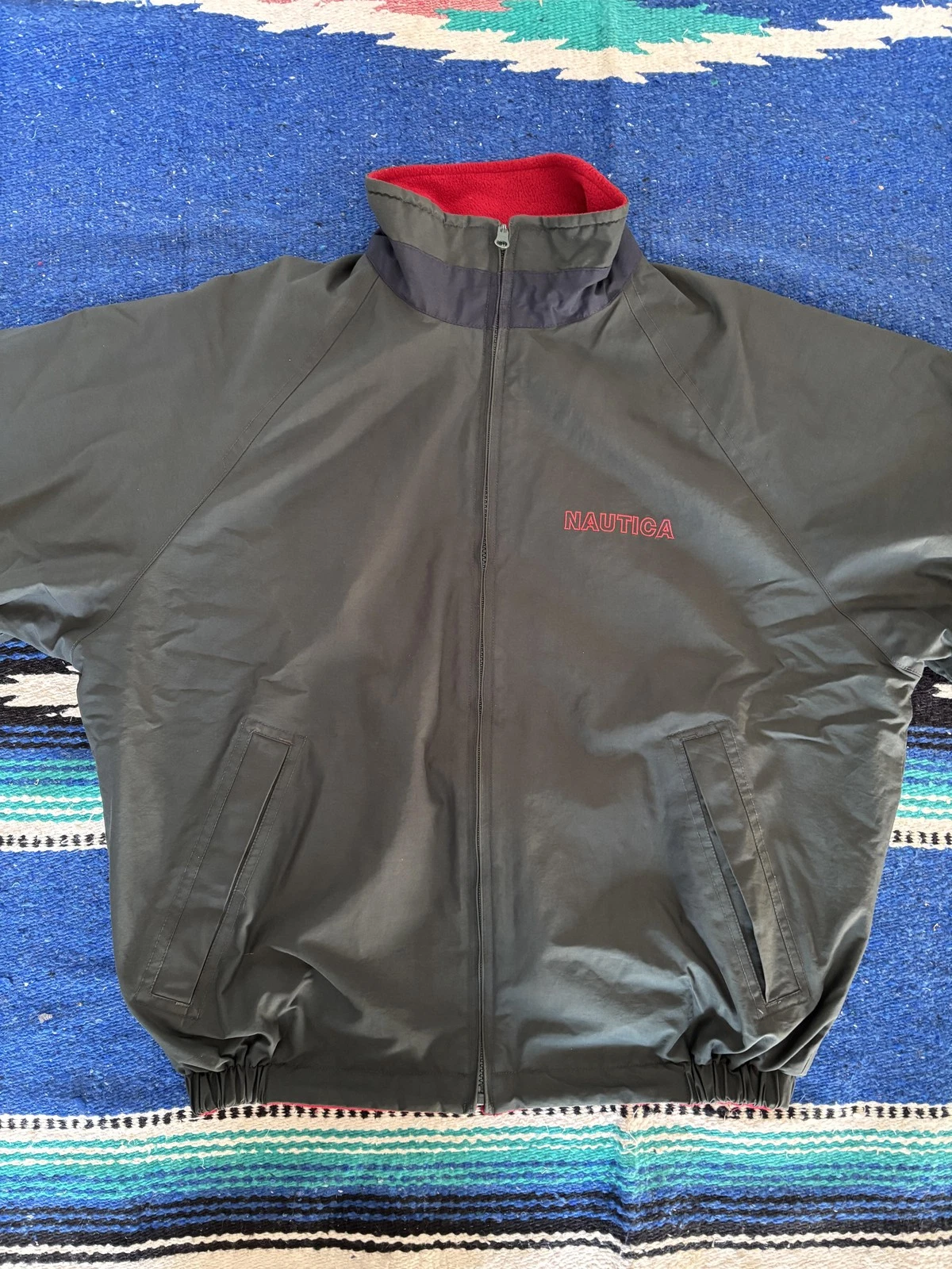 Vintage Nautica Windbreaker Jacket Mens Medium Gray Red Reversible 90s Hong Kong