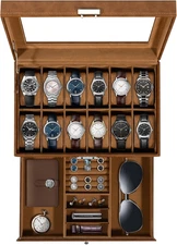 12 Slot Watch Box PU Leather Jewelry Storage Watch Display Case with Glass Lid