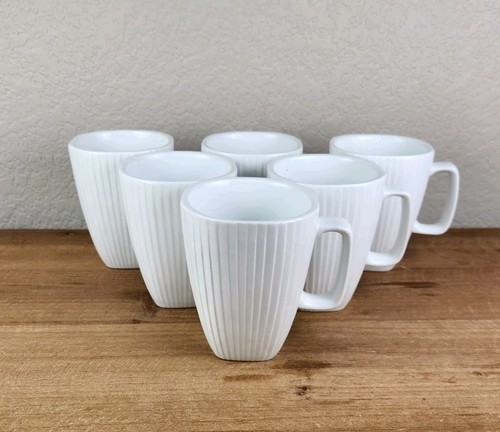 Corelle Scandia White Mugs, Corning Mugs, Square Shape, Ribbed Design, Set of 6