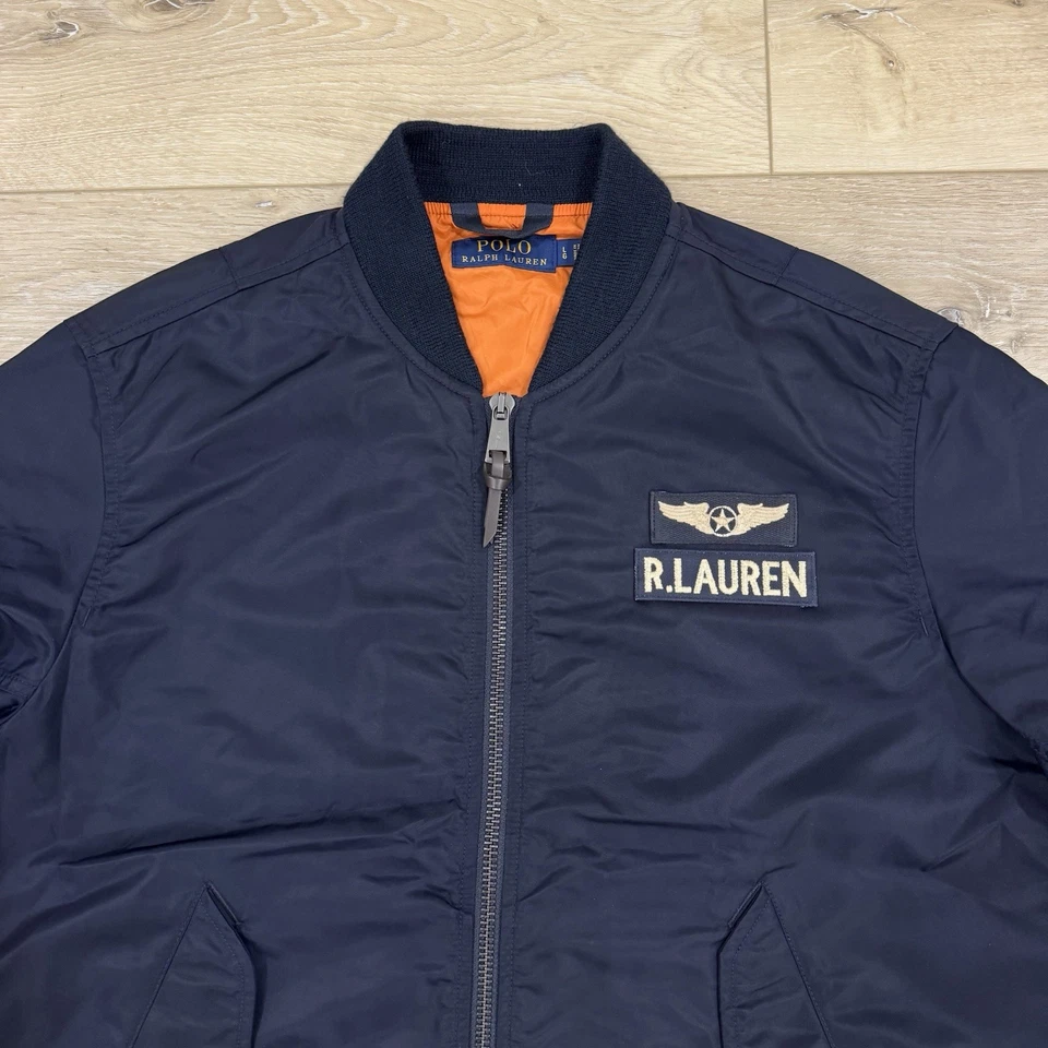 Polo Ralph Lauren Flight Jacket Mens Large Blue Military Bomber Air Force Patch - Image 4 of 4