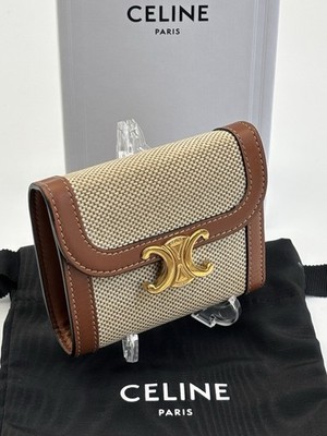 CELINE Triomphe Small Flap Wallet Canvas Leder Beige mit Box & Staubbeutel