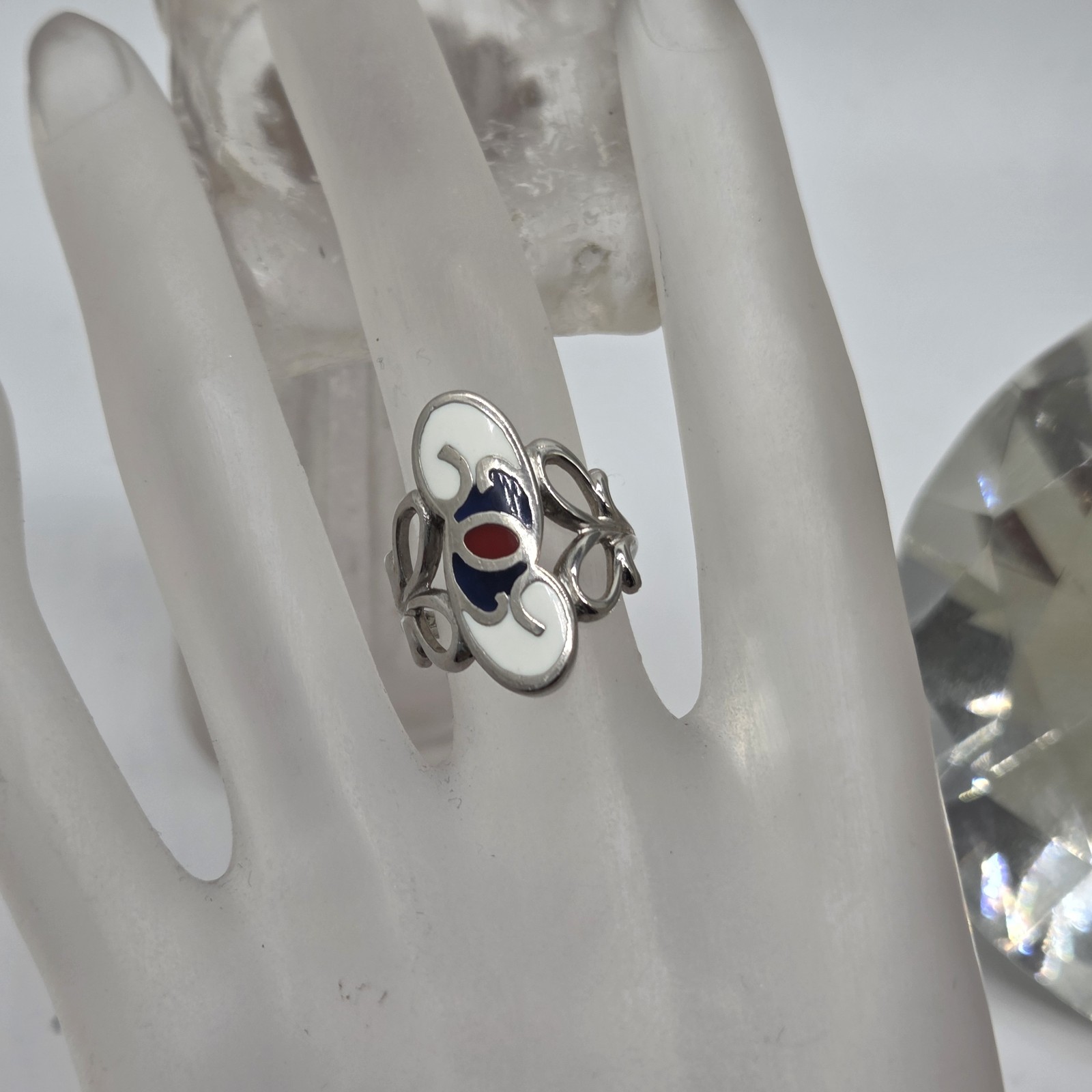 silver tone southwestern enameled inlaid red white blue ring size 5 scroll boho