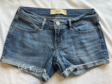 Hollister Women's Midi Low Rise Denim Jean Shorts Size 3 W26 Raw Cuffed Hem