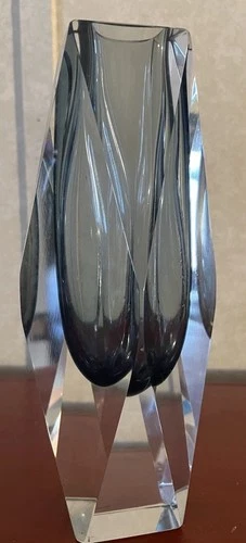 Vintage Smoke Grey Glass Mandruzzato Murano Sommerso Faceted MCM Vase 8”