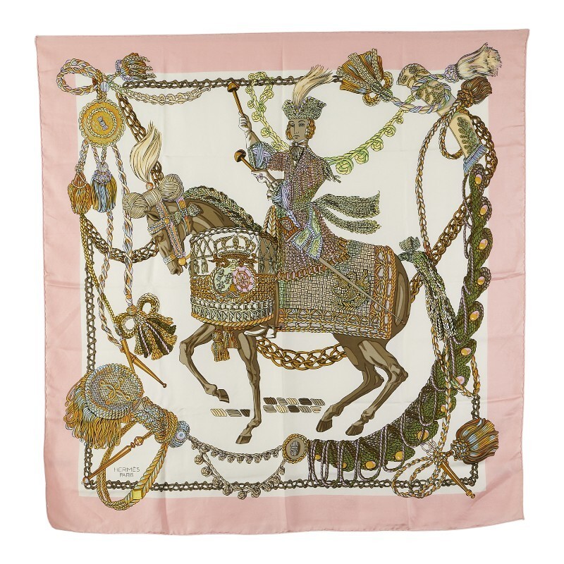 Hermes Carre 90 Le Timbalier Timpani Player Scarf Pink White Multicolor Silk