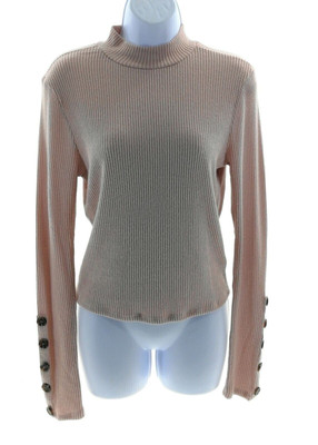 Active USA Juniors Pink Long Sleeve High Neck Ribbed Casual Crop Top Blouse