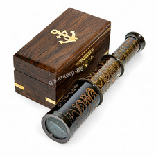 6" Antique Brass Telescope Marine Spyglass with Wooden Box Vintage Nautical Gift