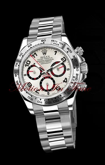 Rolex Cosmograph Daytona ouro branco na pulseira com mostrador raro prata e vermelho 116509