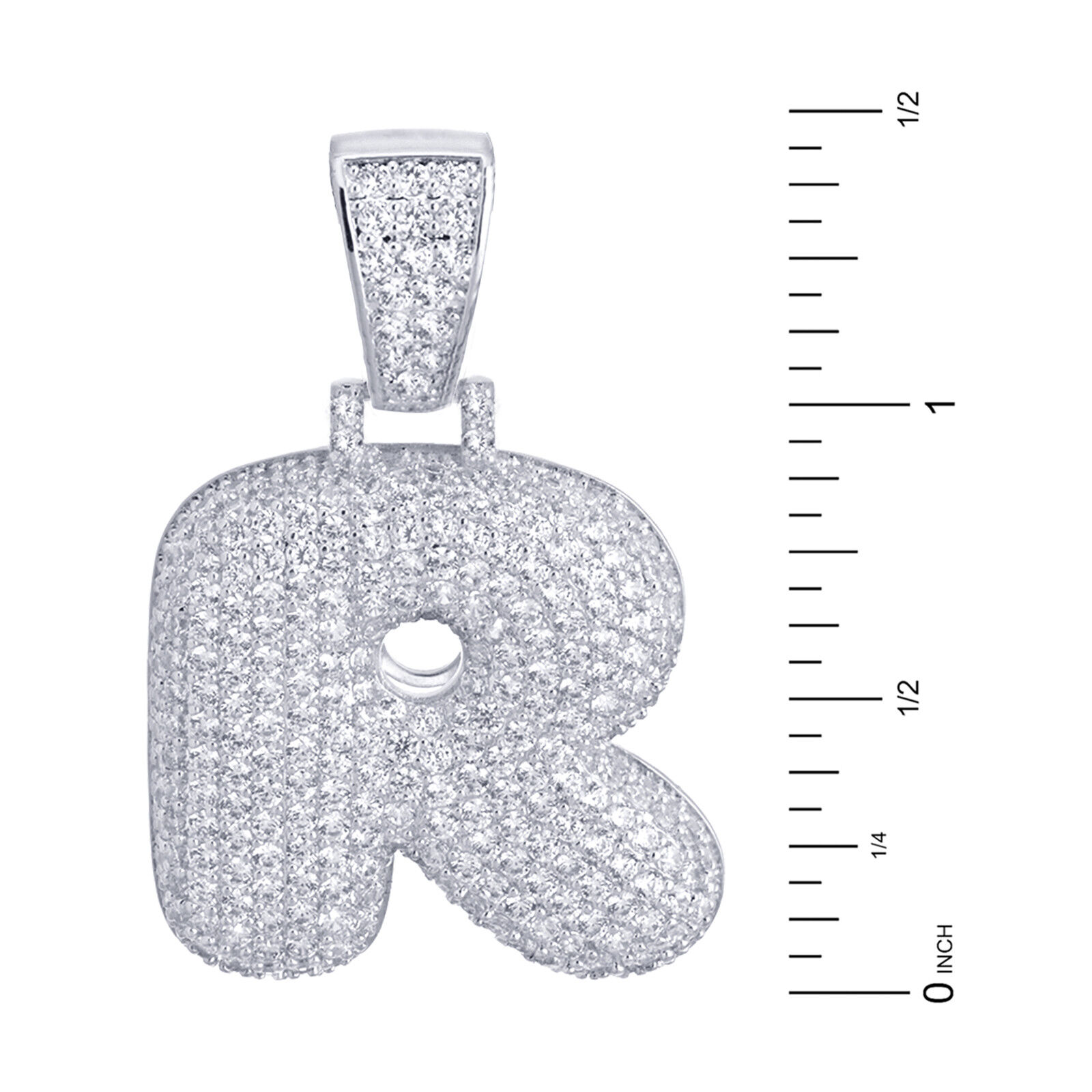 Bubble Letter R Initial Silver Plated Iced Pendant CZ 24