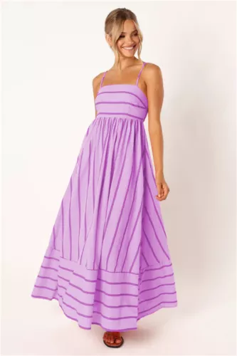 Women's Casual Basic Spaghetti Strap Maxi Dress Sleeveless Summer Strips Dresses - Picture 16 of 31