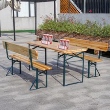 LIFE IDEAS Outdoor Wooden Folding Beer Table Bench Set Trestle Garden Steel Leg