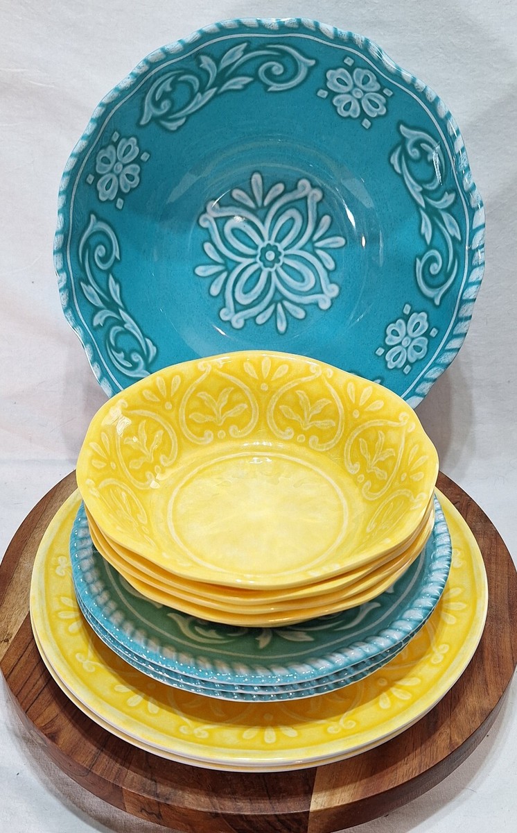 CYNTHIA ROWLEY Melamine Set Turquoise Dinner Salad Plates Bowls 12pc