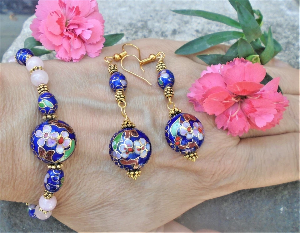 Pendientes colgantes perforados vintage azul esmalte Cloisonne cuentas florales  Foto 3 de 3