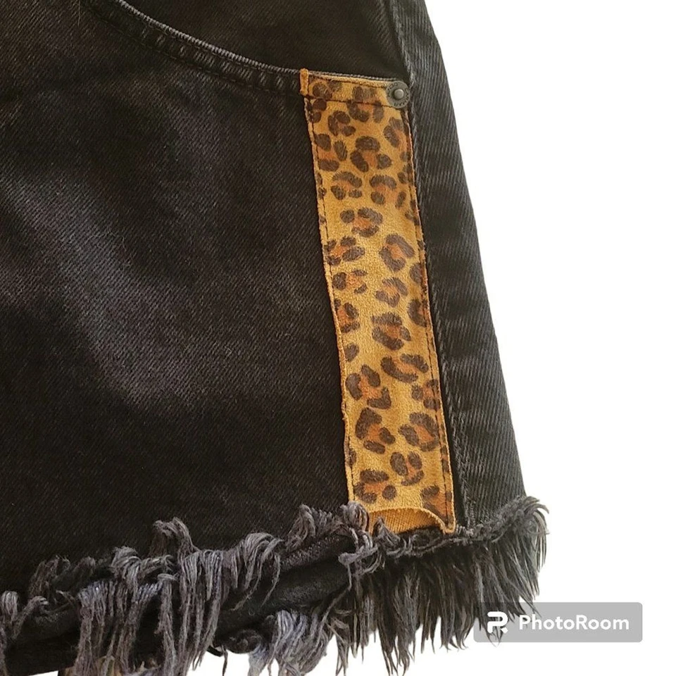 Carmar Beatrice Black Denim Grunge Zip Up Mini Skirt Leopard Trim Frayed Hem - Image 4 of 4